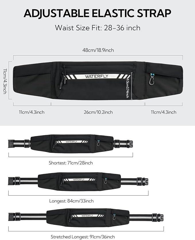 WATERFLY Running Belt Fanny Pack: Slim Breathable 4 Pocket Waist Bag for Men Women Sport Workout Exercise Fitness Phone Holder - Runner Marathon Jogging Waistband Fits ALL Phones Black