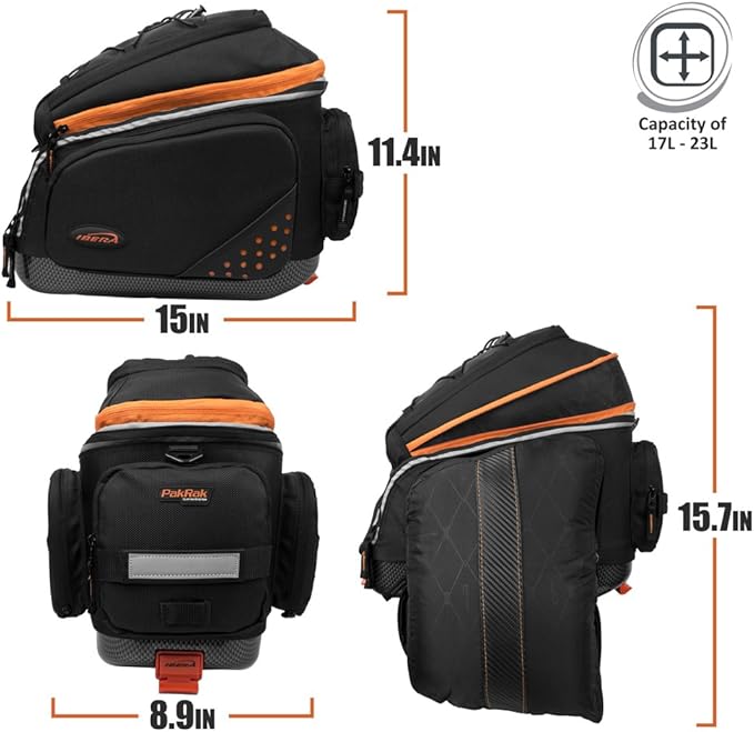 Ibera Bike Bag Expandable Commuter 17-23L - Clip-On Bike Rack Bag with Panniers & Strap - Hard Base, Reflective Trim & Taillight Ready - Ideal for Commuting & Touring - PAKRAK ONLY FOR IBERA RACKS