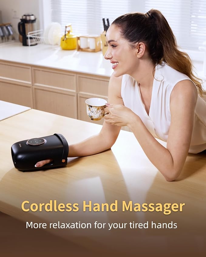 FIT KING Cordless Hand Massager with Compression & Heating, Fingers Wrap Massage for Arthritis Pain and Carpal Tunnel, Large Space for Both Men and Women (Black)