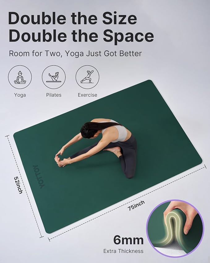 YOTTOY Large Yoga Mat (75 * 52 * 1/2inch),Extra Wide TPE Exercise Mat,Non-Slip Workout Mat for Pilates, Fitness, Barefoot, Home Gym Studio with Strap and Towel