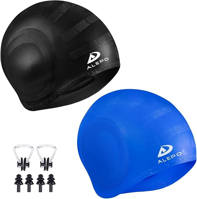 2 Pack Unisex Swim Caps with 3D Ear Protection, Durable Flexible Silicone Swimming Hats for Women Men Kids Adults, Bathing Swimming Caps for Short/Long Hair with Ear Plugs&Nose Clip