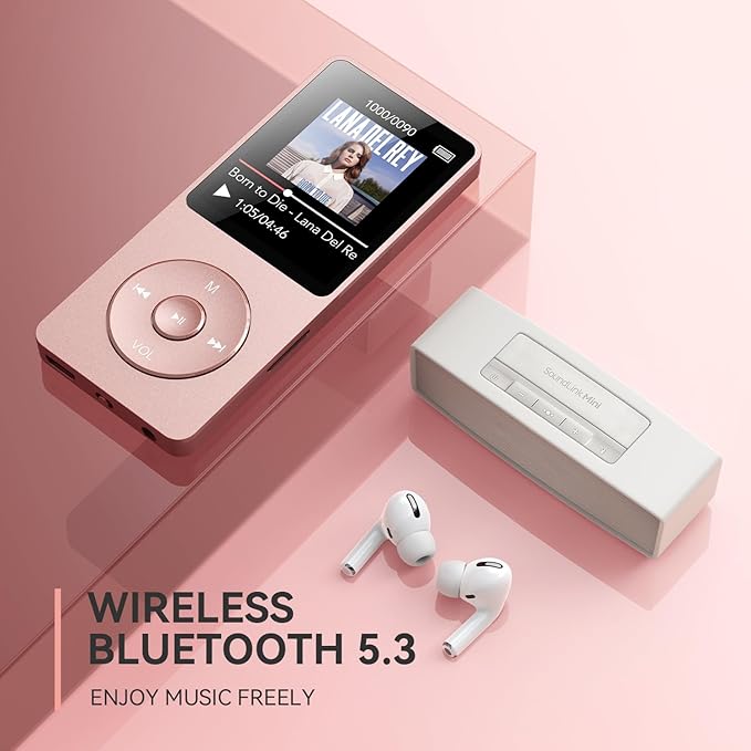 AGPTEK A02 MP3 Player with Bluetooth 5.3, 1.8 inch Screen Portable Music Player with Speaker, FM Radio, Voice Recorder, Supports Expanded Up to 128GB(Rose Gold, 32GB)