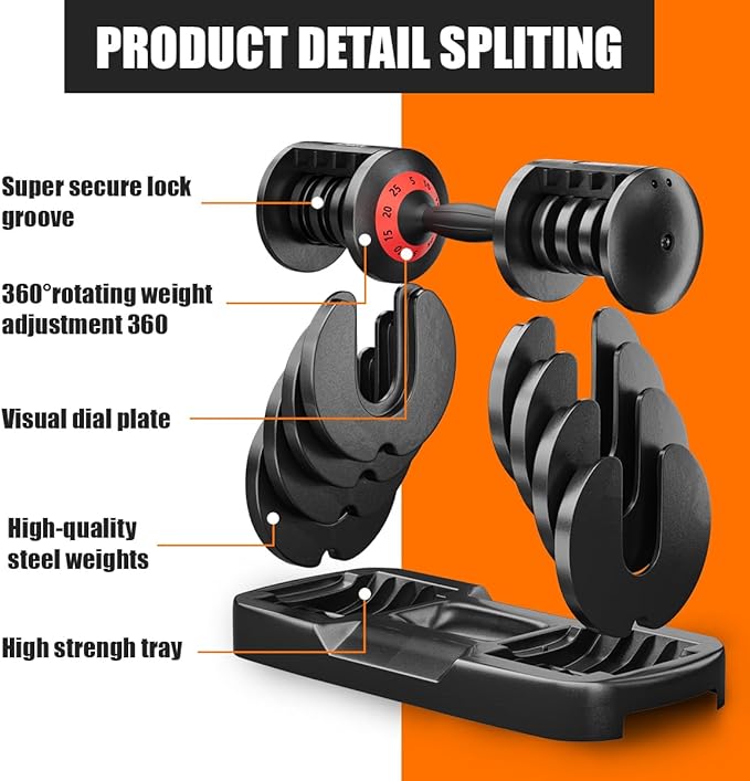 VEICK 25/55 lbs Adjustable Dumbbell with Anti-Slip Turning Handle, Fast Adjust Weight for Men Women, Exercise Equipment with Tray for Home Gym Full Body Workout Fitness