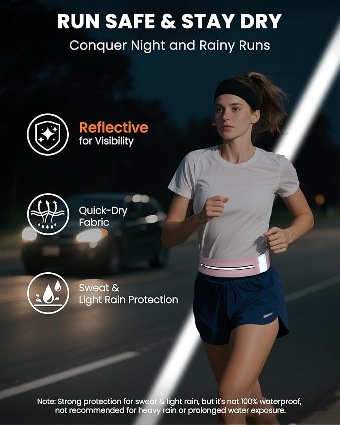 Running Belt for Women and Men, Adjustable Fanny Packs No Bounce Phone Holder for Running with Water Bottle & Headband, Waterproof Reflective Waist Packs for Runner Fits All Phones (M-Pink)