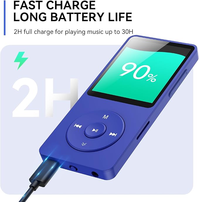 AGPTEK A02 MP3 Player with Bluetooth 5.3, 1.8 inch Screen Portable Music Player with Speaker, FM Radio, Voice Recorder, Supports Expanded Up to 128GB(Blue, 64GB)