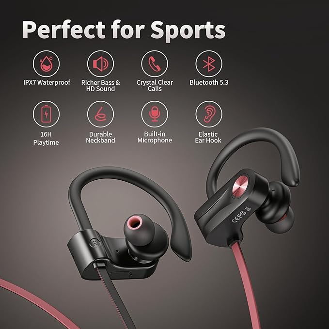 JOYWISE Wireless Bluetooth 5.3 Wireless Headphones with 16Hrs Long Battery, Stereo IPX7 Waterproof in-Ear Earphones, Noise Cancelling Headphones for Running, Black&Pink