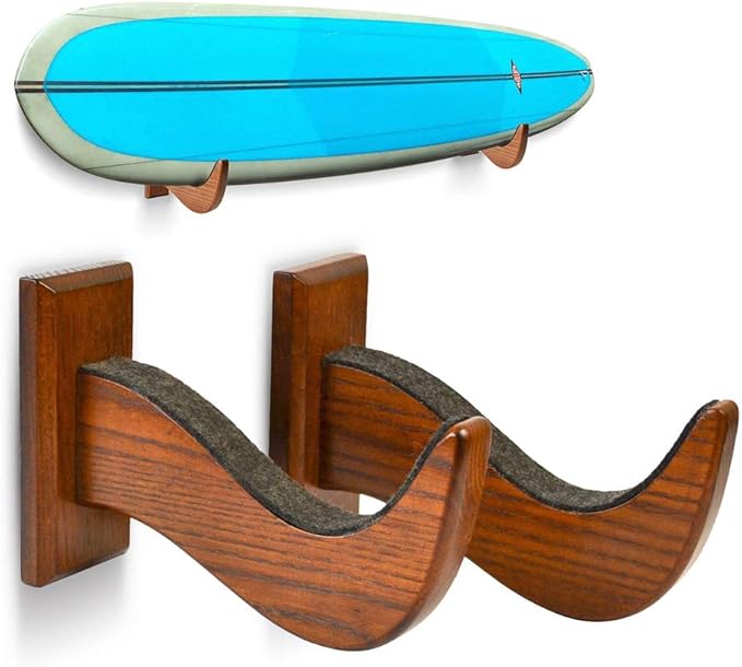 TESLYAR Surfboard Wall Mount – Wooden Surfboard Rack for Wall Storage – Solid Wood Hooks for Surfboard, Snowboard, Paddle Board & Wakeboard – Wave Style