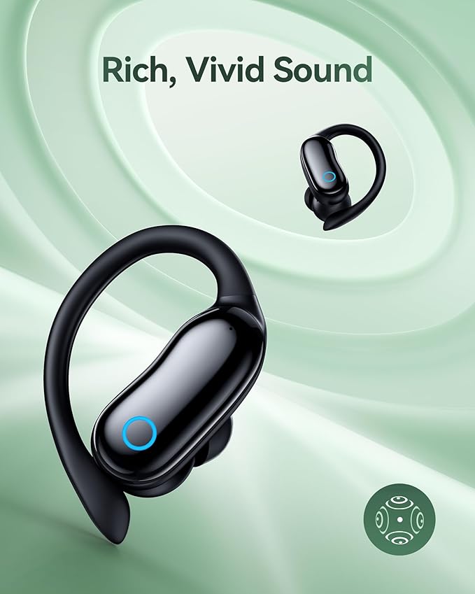 GNMN Active Noise Cancelling Ear Buds Wireless Earbuds 96hrs Playback Bluetooth Headphones IPX7 Waterproof Stereo Bass Over-Ear Earphones with Earhooks Microphone LED Battery Display for Sports/Gym