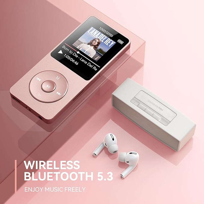 AGPTEK A02 MP3 Player with Bluetooth 5.3, 1.8 inch Screen Portable Music Player with Speaker, FM Radio, Voice Recorder, Supports Expanded Up to 128GB(Rose Gold, 64GB)