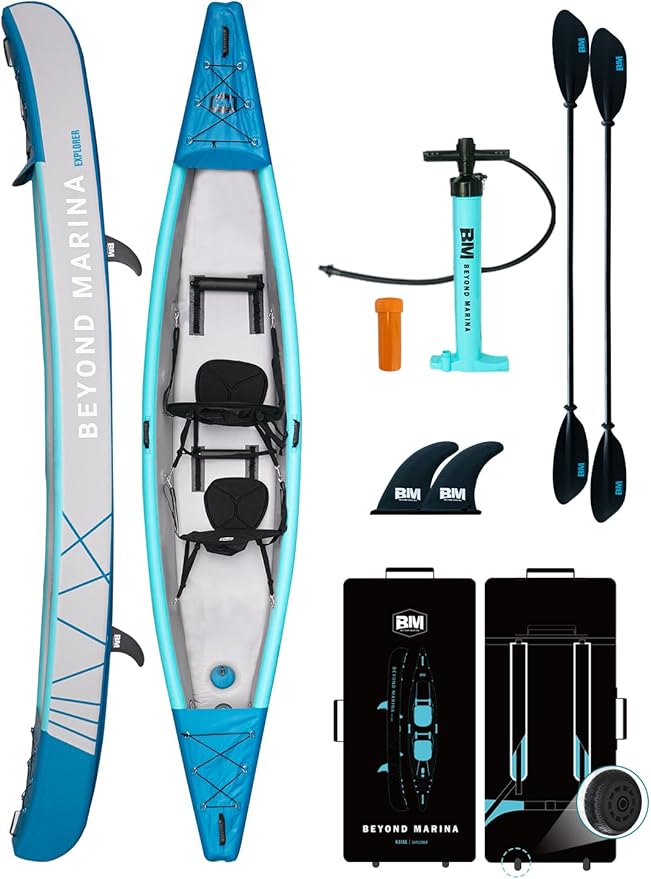BEYOND MARINA Inflatable Kayak 1 & 2 & 3 Person Adult- Full Drop Stitch Kayak with Aluminum Paddles, Seats, Footrests, Pump, Fins