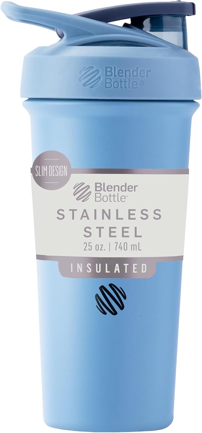 BlenderBottle Sport Sleek Insulated Stainless Steel Shaker Bottle with Wire Whisk, 25-Ounce, Dusty Blue – Protein Shakes & Hydration for Athletes & Fitness Enthusiasts, Easy Mixing, Slim Easy to Hold, Keeps Drinks Cold, Lockable Lid