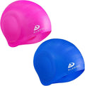 2 Pack Unisex Swim Caps with 3D Ear Protection, Durable Flexible Silicone Swimming Hats for Women Men Kids Adults, Bathing Swimming Caps for Short/Long Hair with Ear Plugs&Nose Clip
