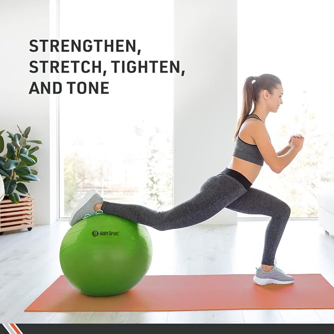 Body Sport Exercise Ball with Pump for Home, Gym, Balance, Stability, Pilates, Core Strength, Stretching, Yoga, Fitness Facilities, Desk Chairs