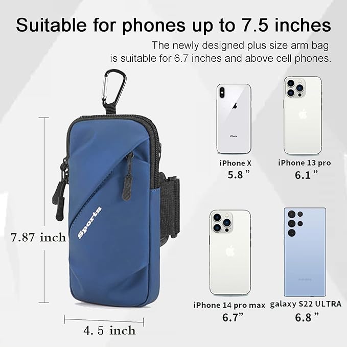 Phone Holder Arm Bands, Small Crossbody Shoulder Holsters Bag with Arm Band, Fits iPhone and All Cell Phones, Use for Running, Walking, Hiking & Biking (Plus Size,Blue)