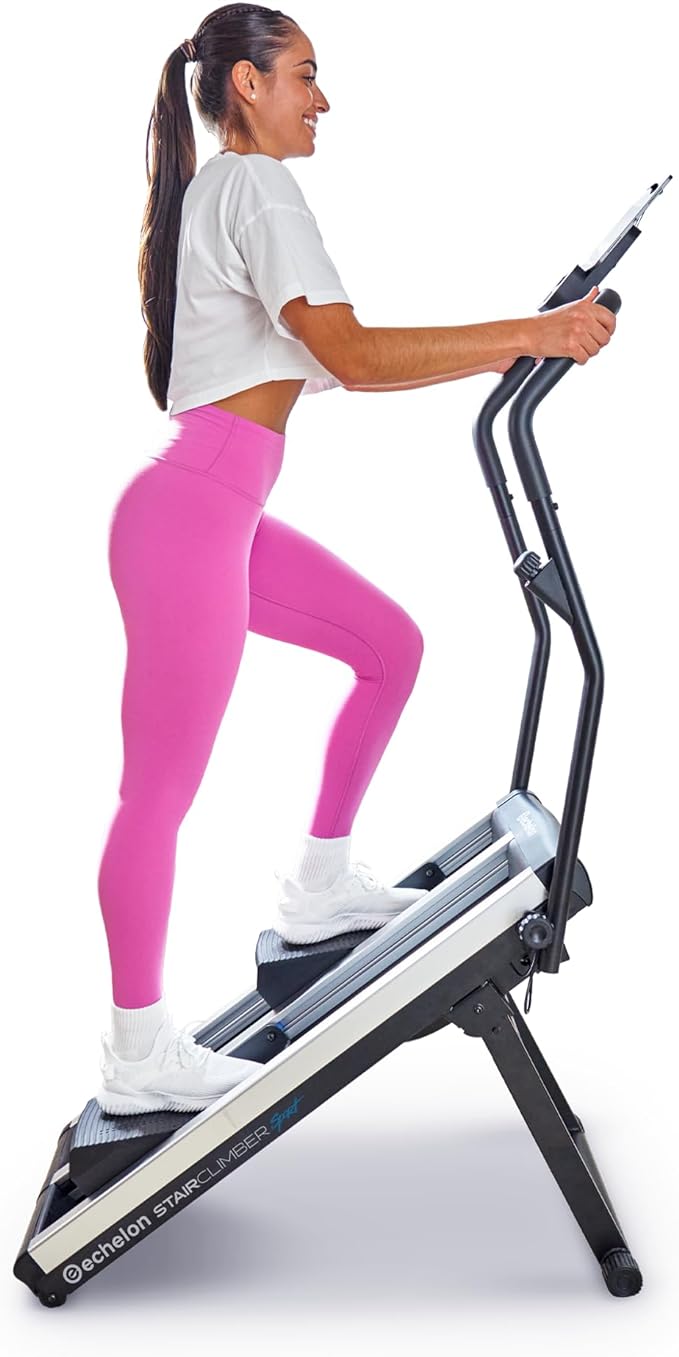 Echelon Stair Climber Sport for Low Impact Cardio at Home – Foldable Design, 3 Incline Levels, Adjustable Resistance, 3 inch Display, Bluetooth, 2 Handle Positions (Battery Powered)