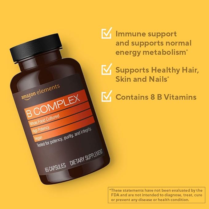 Amazon Elements B Complex, High Potency, 83% Whole Food Cultured, Supports Immune and Normal Energy Metabolism, Vegan, 65 Capsules, 2 Month Supply (Packaging May Vary) (Pack of 2)