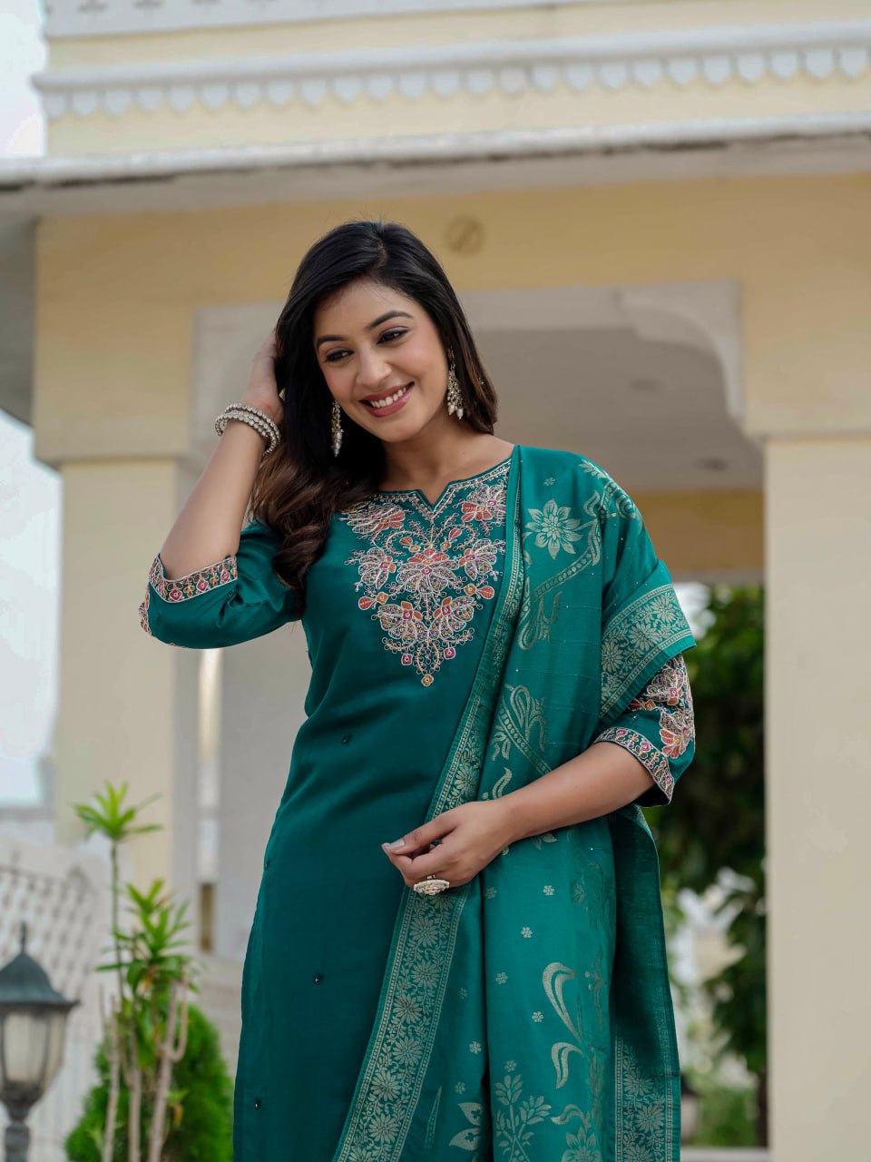 Pramukh Fab Teal Green Color Roman Silk Kurta Set