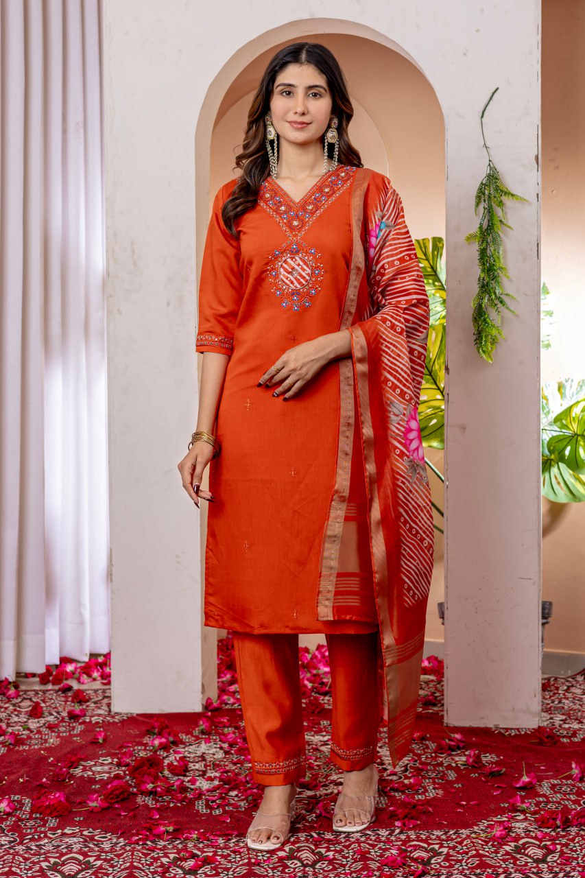 Pramukh Fab Orange Color Viscose Silk Kurta Set
