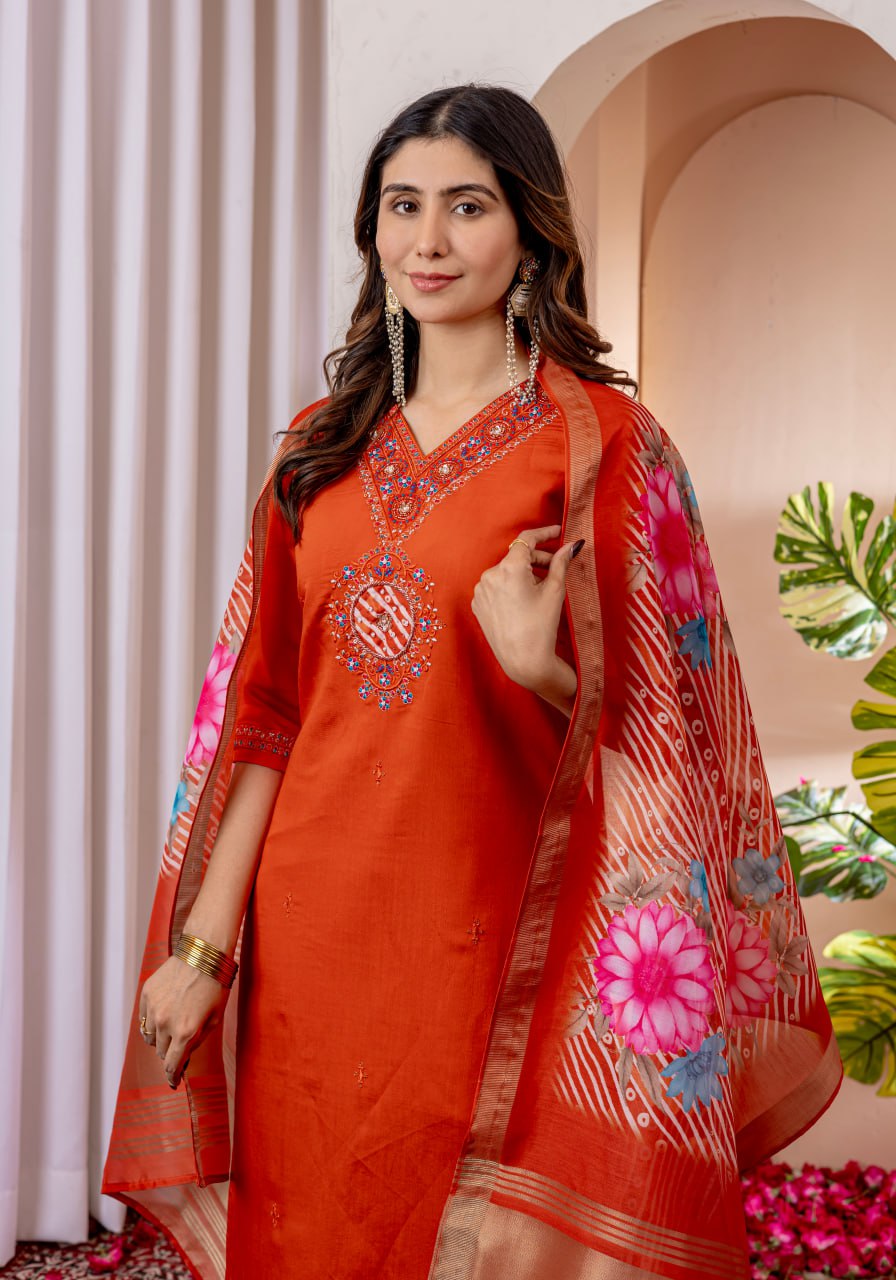 Pramukh Fab Orange Color Viscose Silk Kurta Set
