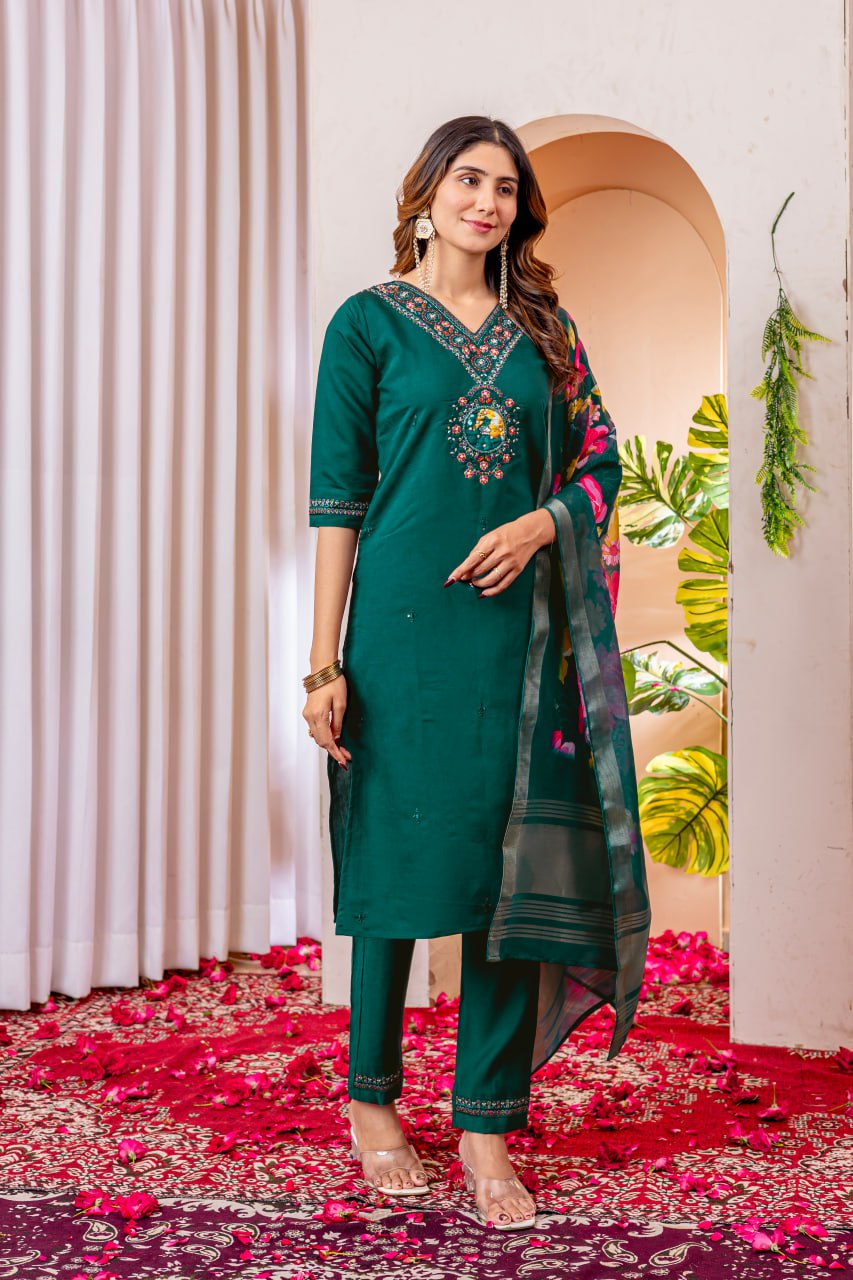 Pramukh Fab Emerald Color Viscose Silk Kurta Set