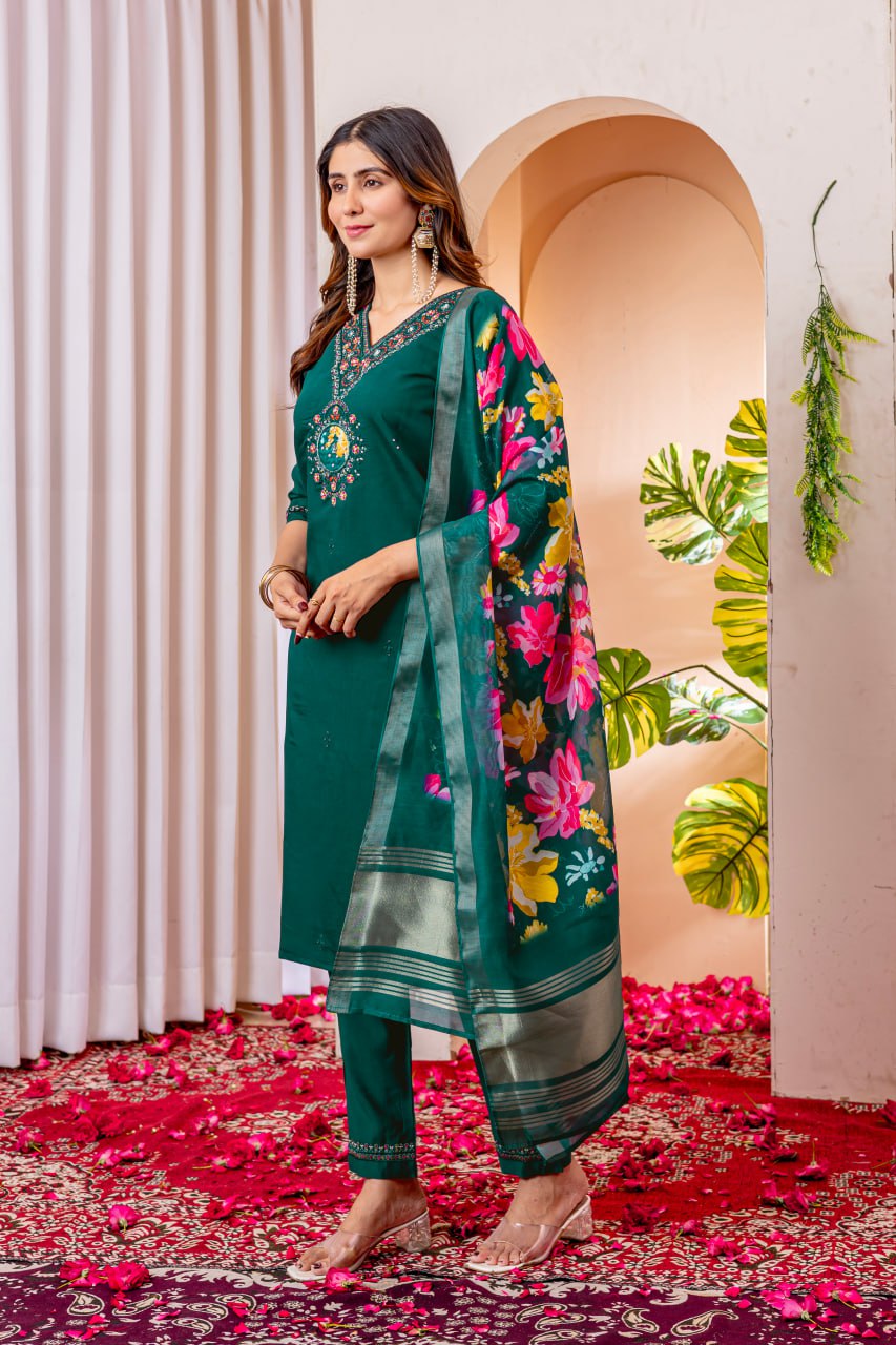 Pramukh Fab Emerald Color Viscose Silk Kurta Set