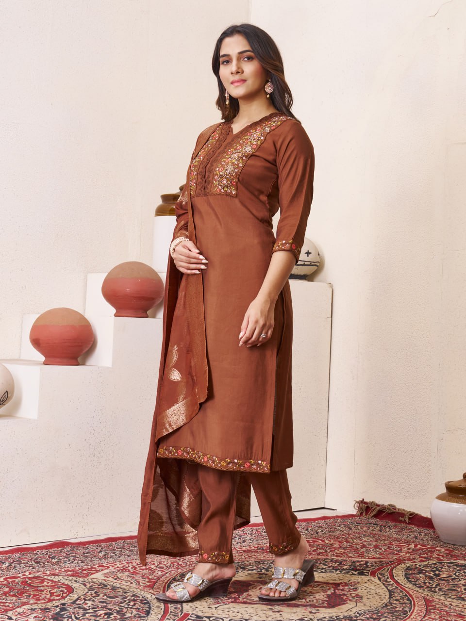 Pramukh Fab Brown Color Roman Silk Kurta Set