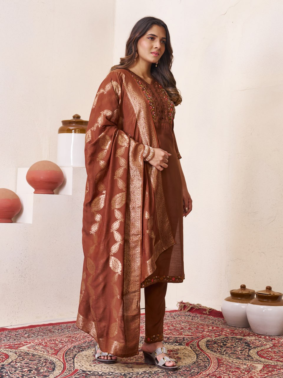 Pramukh Fab Brown Color Roman Silk Kurta Set