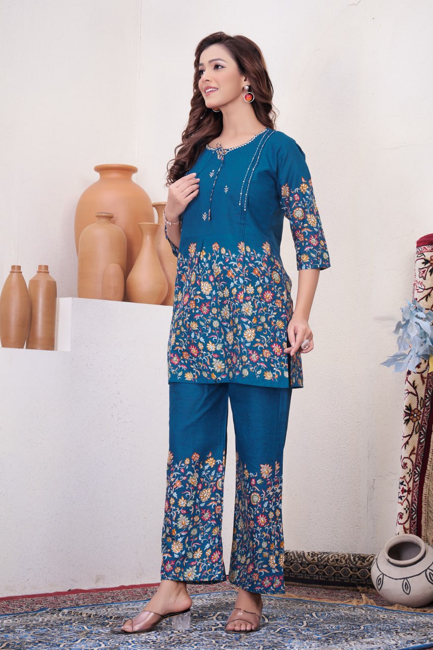 Pramukh Fab Teal Color Cotton Co-ord Set