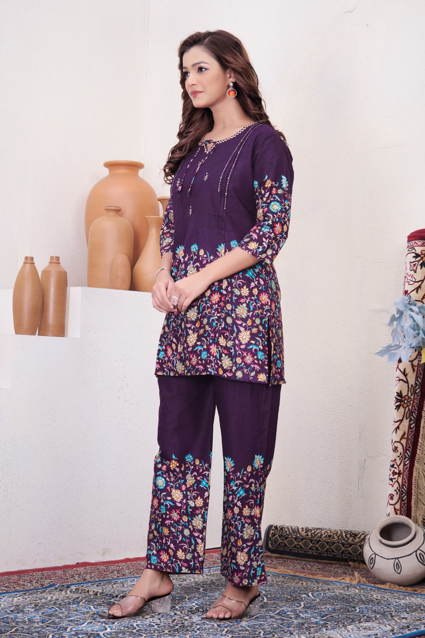 Pramukh Fab Plum Color Cotton Co-ord Set