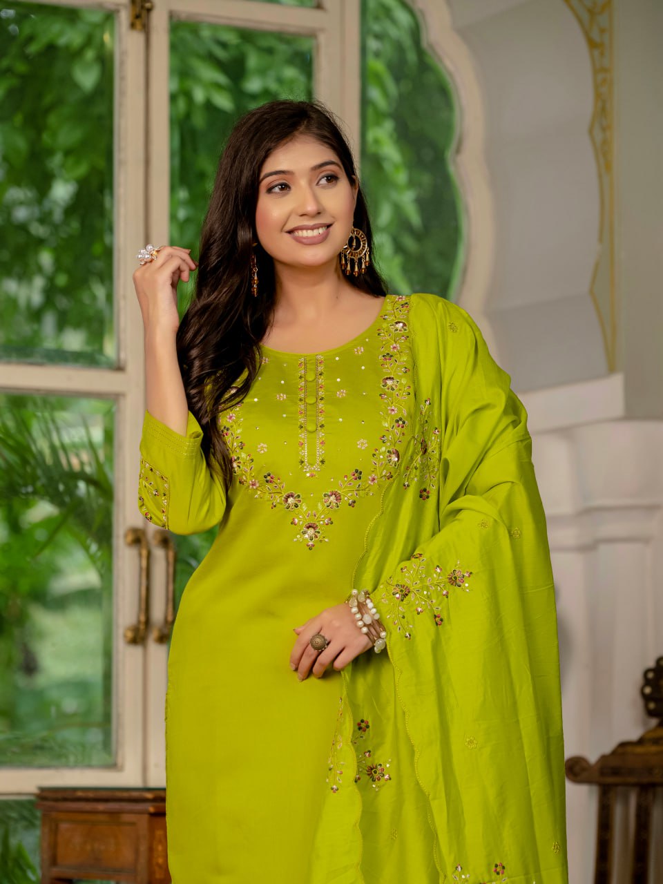 Pramukh Fab Lime Green Color Marina Silk Kurta Set