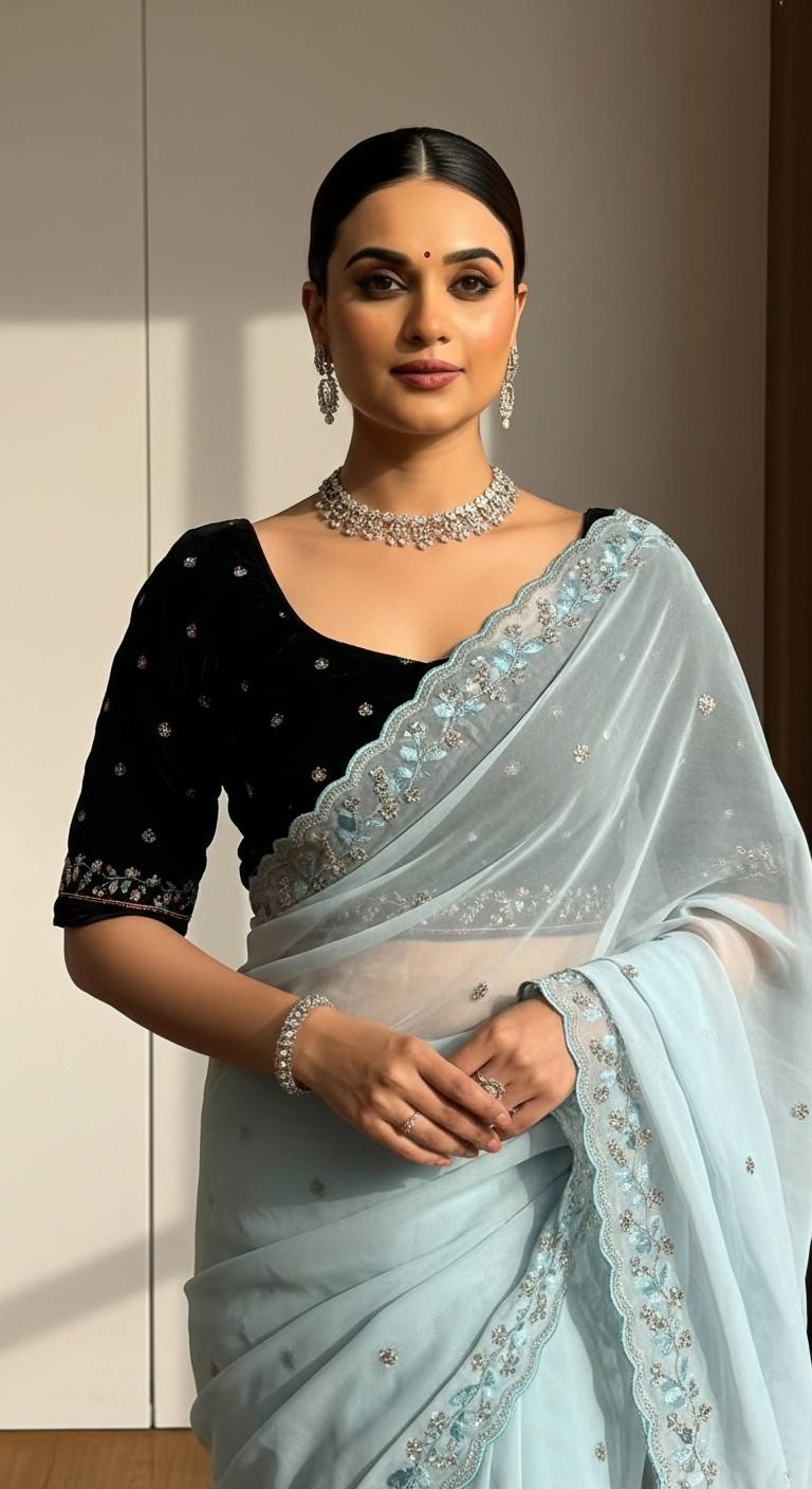 Evanik Skyblue Faux Georgette With Beads & Thread Work Saree With Unstitched Blouse