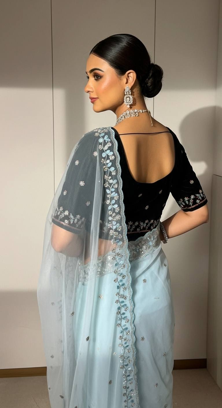 Evanik Skyblue Faux Georgette With Beads & Thread Work Saree With Unstitched Blouse