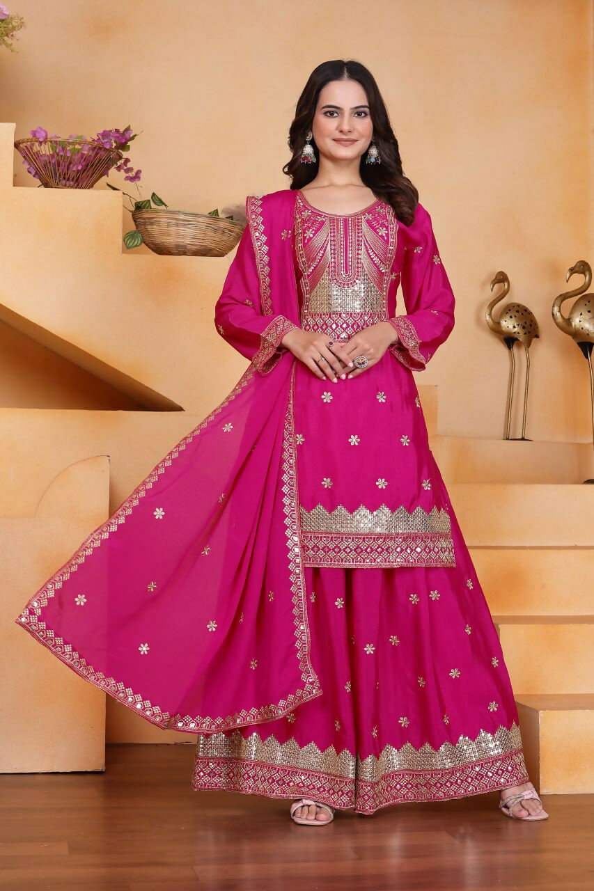 Teeya Creation Pink Color Chinon Silk Wedding Wear Trending Palazzo Set