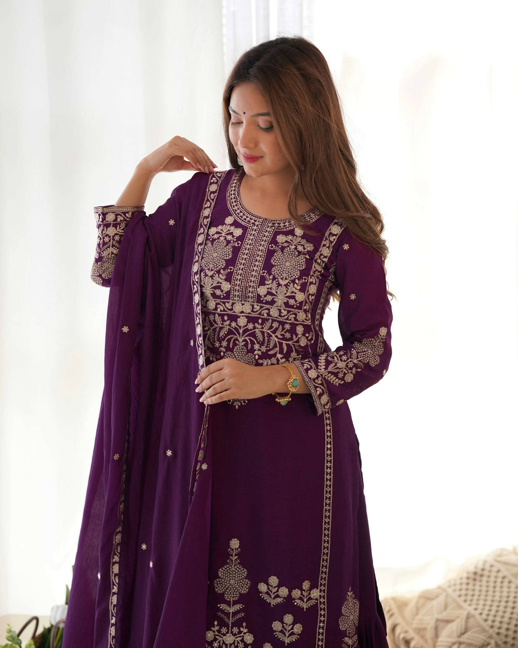 Teeya Creation Purple Color Chinon Silk Embroidery Work Wedding Wear Palazzo Set