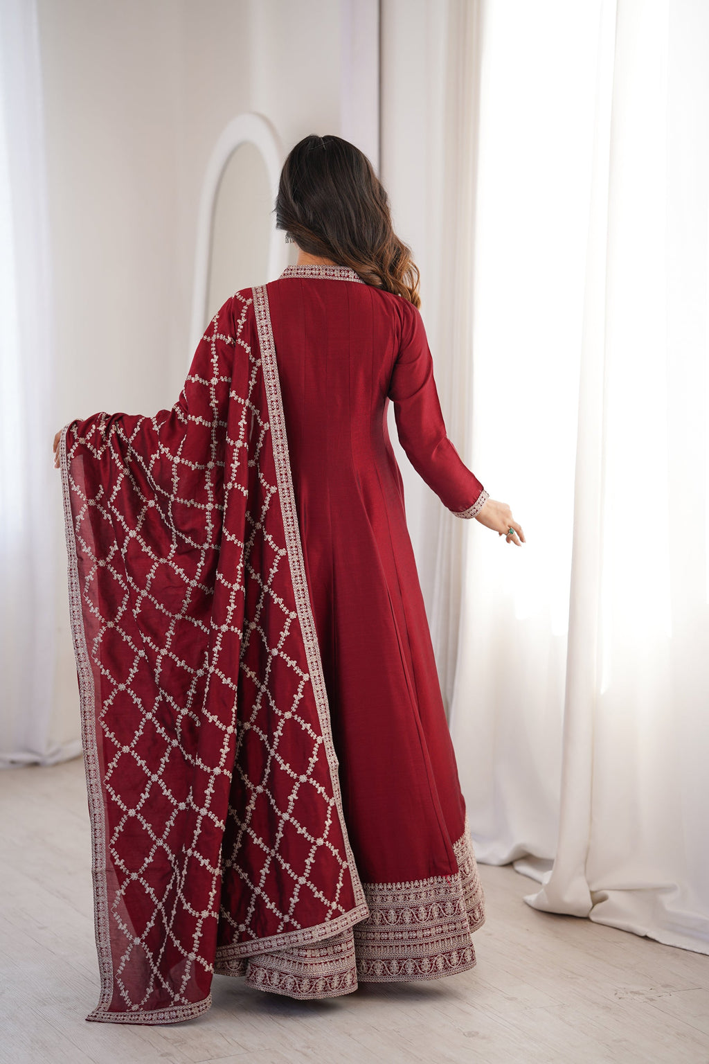 Lorenvalley Fashion Maroon Vichitra Silk with Full Kali Pattern Embroidery work Anarkali Gown with Dupatta