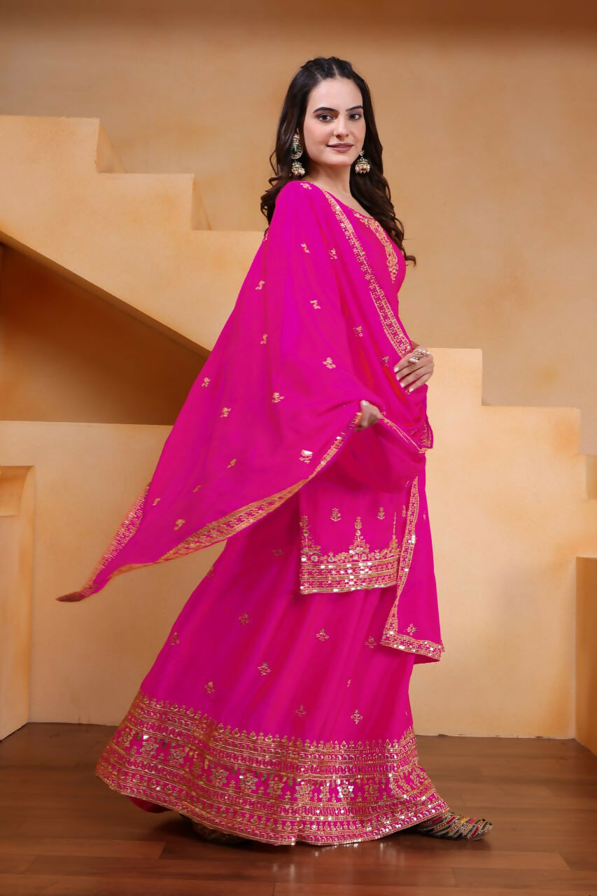 Teeya Creation Pink Color Chinon Silk Wedding Wear Trending Palazzo Set