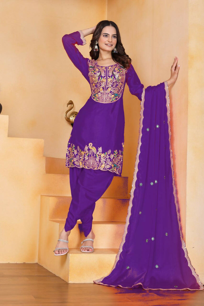 Joban Fashion Purple Silk Embroidered Dhoti Dhoti Set