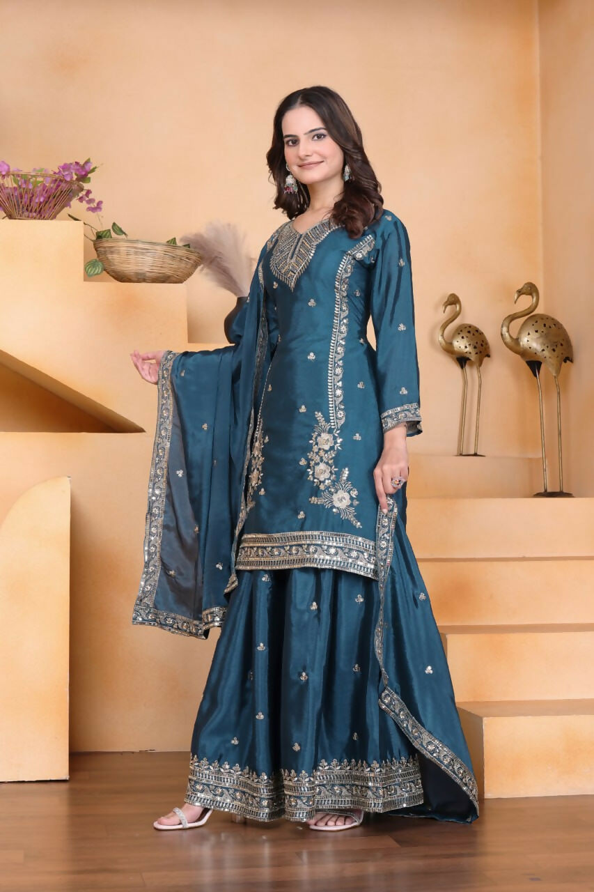Joban Fashion Teal Crepe Embroidered Sharara Set