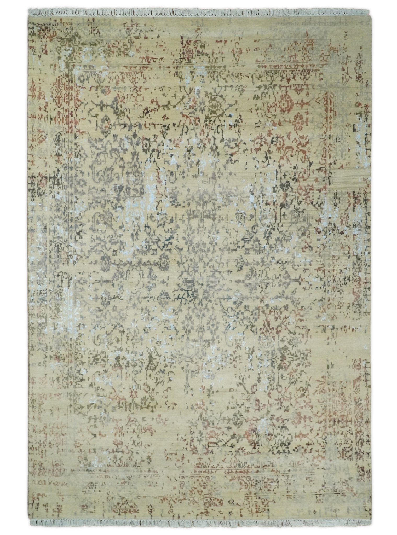 6x9 Fine Hand Knotted Beige and Rust Traditional Vintage Persian Style Antique Wool and Silk Rug | AGR2