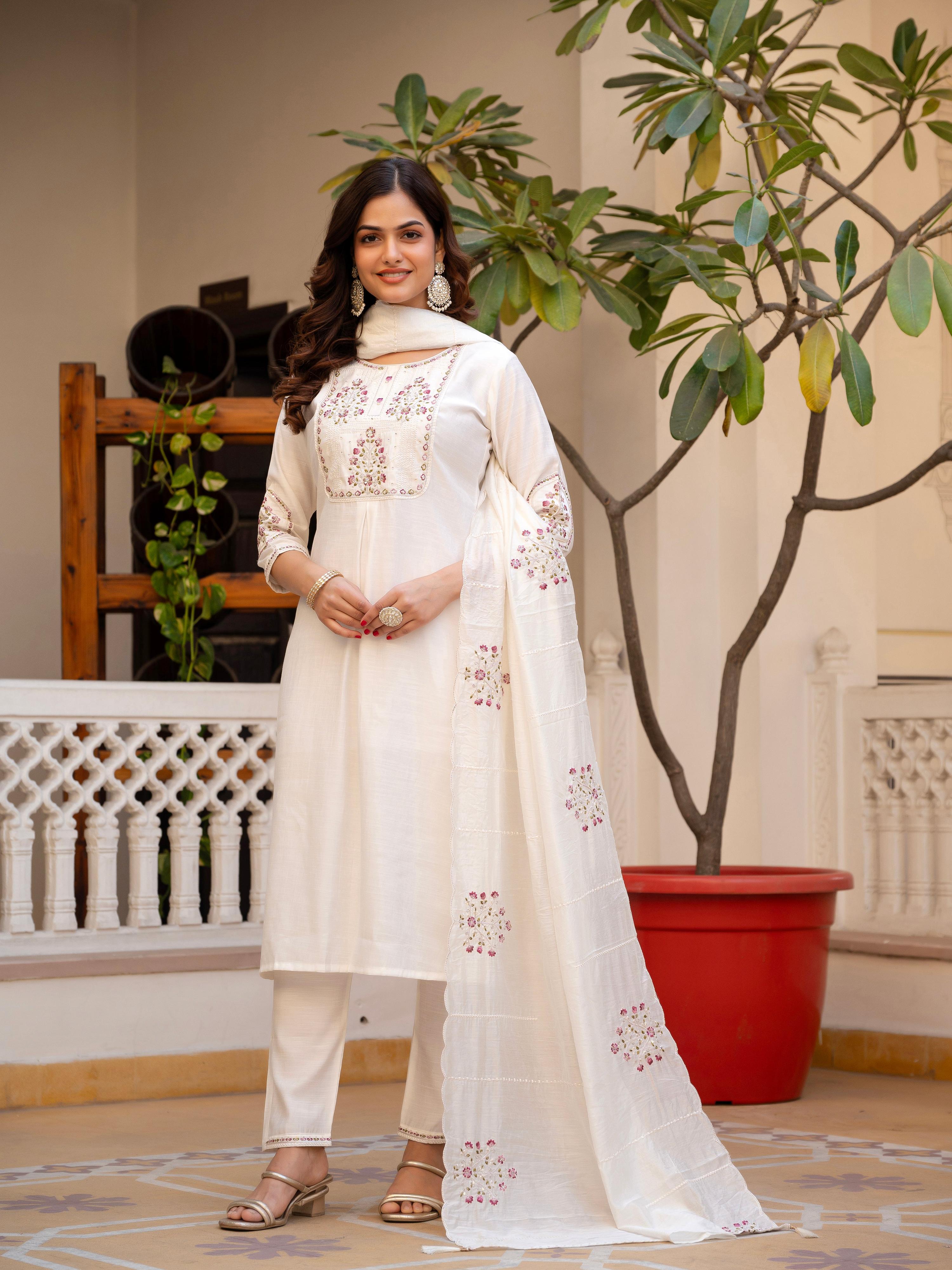 Pramukh Fab White Color Viscose Mango Silk Kurta Set