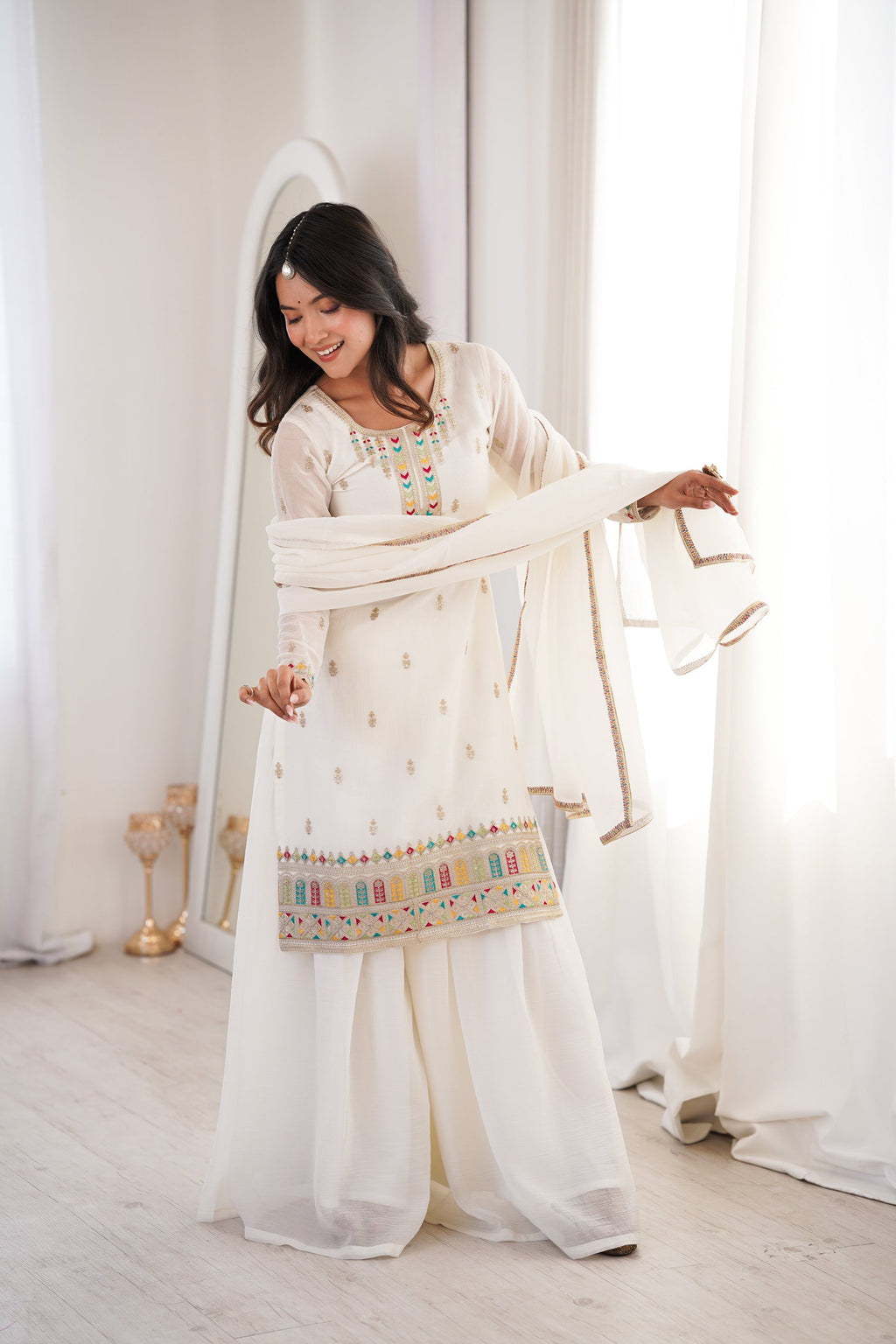 Lorenvalley Fashion White Crunchy Silk with Embroidery Sequence, Dori, Jari Work Kurta Palazzo with Dupatta