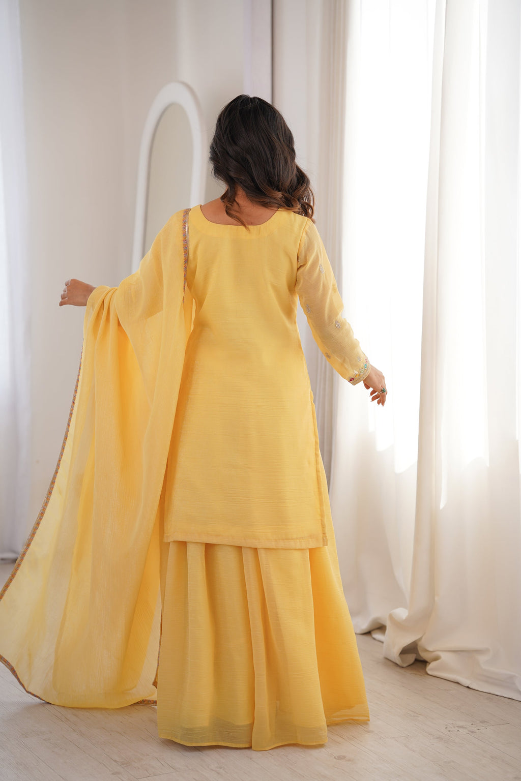 Lorenvalley Fashion Yellow Crunchy Silk with Embroidery Sequence, Dori, Jari Work Kurta Palazzo with Dupatta