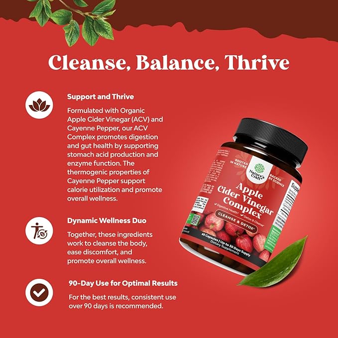 Cleansing Apple Cider Vinegar Capsules - ACV Deep Cleanse and Detox Pills for Gut and Digestive Health with Slimming Cayenne - Extra Strength ACV for Hunger Gut Cleanse and Full Body Detox 180 Count