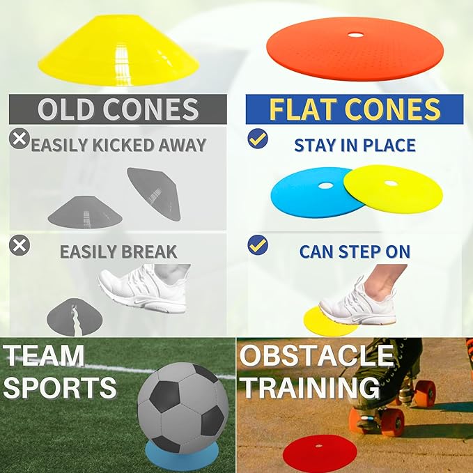 LEZER 6 Inch 8 Inch Flat Cones, Spot Markers, Soccer Cones, Field Court Markers, Sit Spots, Flat Discs, Soccer Training Equipment, Agility Practice, Football, Made in Taiwan