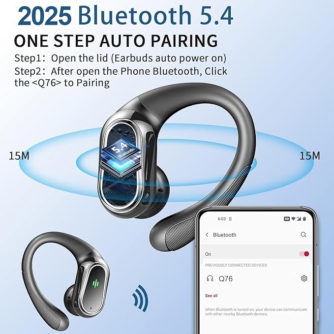 Wireless Earbuds, 2025 Bluetooth 5.4 Headphones Sport, Bluetooth Earbuds with ENC Noise Canceling Mic, 50H Stereo Wireless Headphones IP7 Waterproof with Earhooks, Dual LED Display for Workout/Running