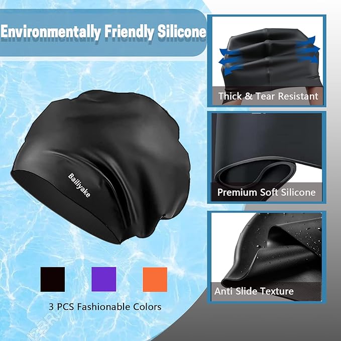 3 Pack Extra Large Swim Cap for Braids & Dreadlocks - Waterproof Silicone Swim Hat for Women with Long Thick Hair, Protective Swim Cap Cover Ears for Swimming, Shower, Bathing