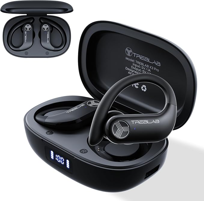 TREBLAB X3 Pro - Ultra Comfortable Earhooks, Pure-HD Sound, Punchy Bass, 145H Battery, Waterproof & Sweatproof Bluetooth Earbuds, Mics for Calls, True Wireless Ear Buds for Sports Workout Running