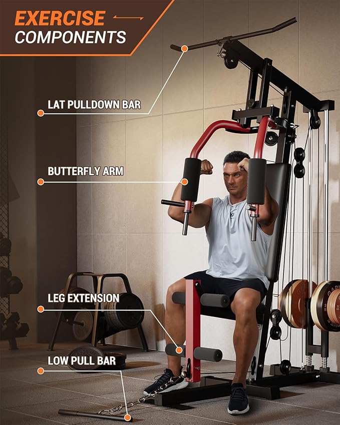 Multifunctional Home Gym Equipment with Lat Pulldown, Exercise Workout Station with Leg Press,Max 300LBS Capacity Home Gym Mahcine for Full Body Strength Training,Fit 1" & 2" Weight Plates(No Include)