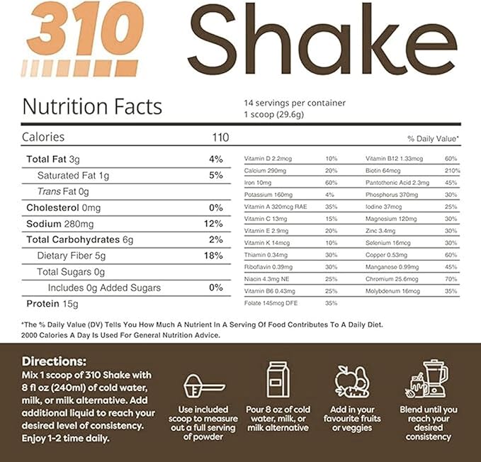 310 Nutrition All-In-One Meal Replacement Shake Powder - Plant-Based Protein Smoothie Blend w/High Fiber, Probiotics & Adaptogens - Low Carb, Vegan, Keto & Paleo Friendly - Mocha - 14 Srv