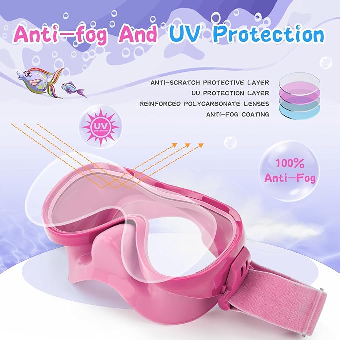 Kids Swim Goggles 180° Snorkel Diving Mask with Nose Cover, Anti-Fog Kids Swimming Goggles with Elastic Fabric Strap for Kids Boys Girls